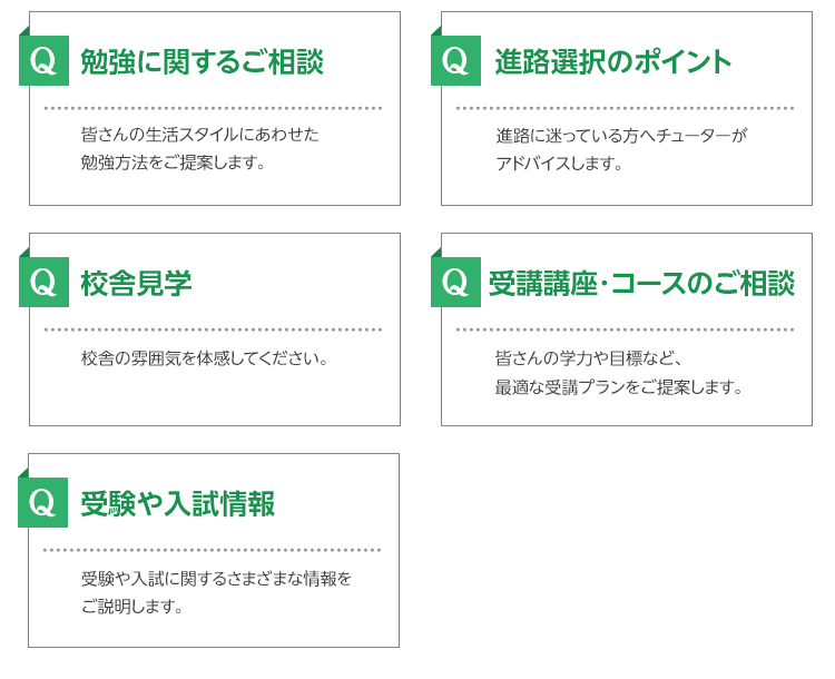 勉強に関するご相談、進路選択のポイント、校舎見学、受講講座・コースのご相談、受験や入試情報