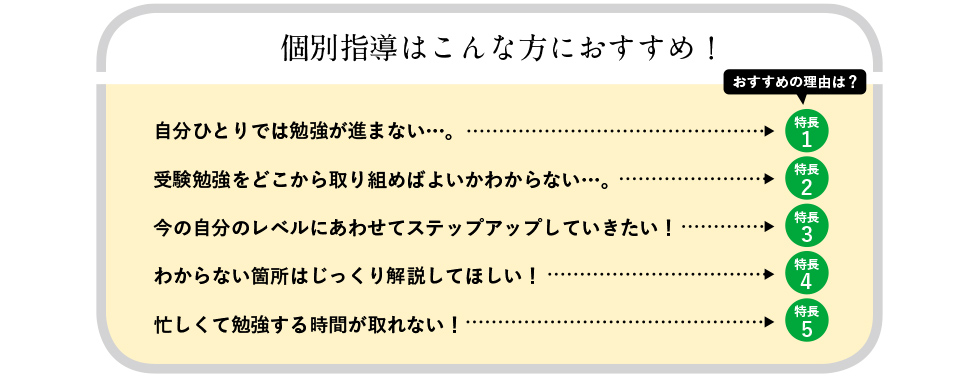 自分ひとりでは勉強が進まない…。／受験勉強をどこから取り組めばよいかわからない…。／今の自分のレベルにあわせてステップアップしていきたい！／わからない箇所は、じっくり解説してほしい！
