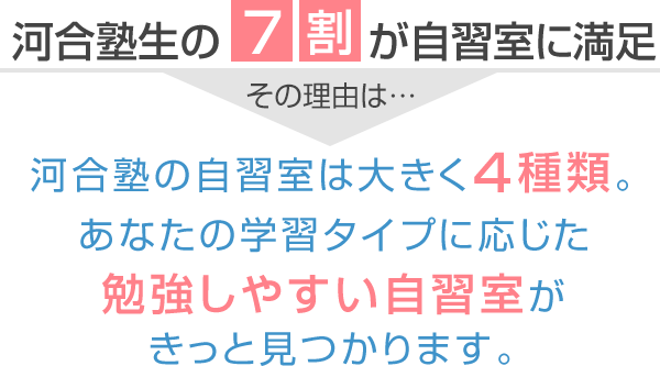 河合塾生の7割が自習室に満足 その理由は河合塾の自習室は大きく4種類。あなたの学習タイプに応じた勉強しやすい自習室がきっと見つかります。