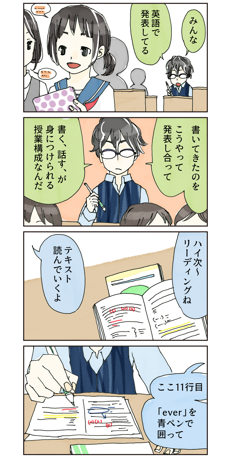 書いてきたものをこうやって発表し合って、書く、話す、が身につけられる授業構成なんだ
