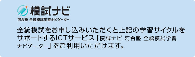 模試ナビ 全統模試をお申し込みいただくと上記の学習サイクルをサポートするICTサービス「模試ナビ 河合塾 全統模試学習ナビゲーター」をご利用いただけます。