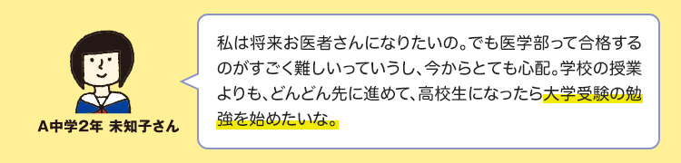 私は将来お医者さんになりたいの。でも医学部って合格するのがすごく難しいっていうし、今からとても心配。学校の授業よりも、どんどん先に進めて、高校生になったら大学受験の勉強を始めたいな。