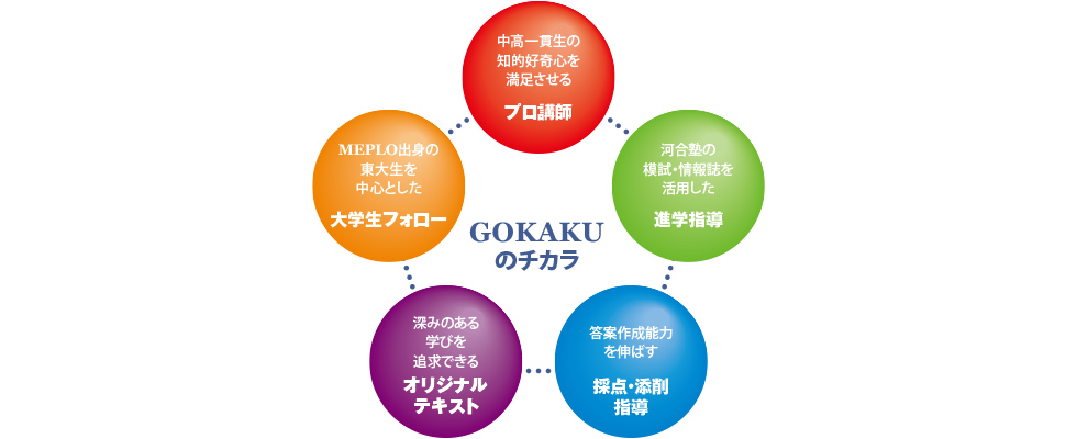 【GOKAKUのチカラ】「中高一貫生の知的好奇心を満足させる"プロ講師"」「河合塾の模試・情報誌を活用した”進学指導”」「答案作成能力を伸ばす”採点・添削指導”」「深みのある学びを追求できるオリジナルテキスト」「MEPLO出身の東大生を中心とした”大学生フォロー”」