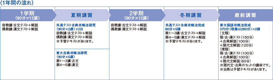 1年間の流れ 【1学期（90分×12講）】奇数講：古文テスト＋解説 偶数講：漢文テスト＋解説【夏期講習】"共通テスト古典攻略法研究（90分×2講）×2日"奇数講：古文テスト＋解説 偶数講：漢文テスト＋解説※予習テキストがあります。【2学期（90分×12講）】奇数講：古文テスト＋解説 偶数講：漢文テスト＋解説【冬期講習】"共通テスト古典攻略法完成90分×5講"第1～3講：古文テスト＋解説 第4～5講：漢文テスト＋解説※予習テキストがあります。【直前講習】"東大国語攻略法完成370分（理類は280分）×2講"（文類）現・古・漢テスト（150分）＋古典解説（100分）＋現代文解説（120分）（理類）現・古・漢テスト（100分）＋古典解説（100分）＋現代文解説（0分）※現代文・古典のセットの講座です。※古典は予習テキストがあります。