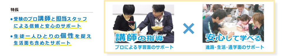 ・受験のプロと担当スタッフによる信頼と安心のサポート　・生徒一人ひとりの個性を捉え、学習面のほか、生活面も含めたサポート