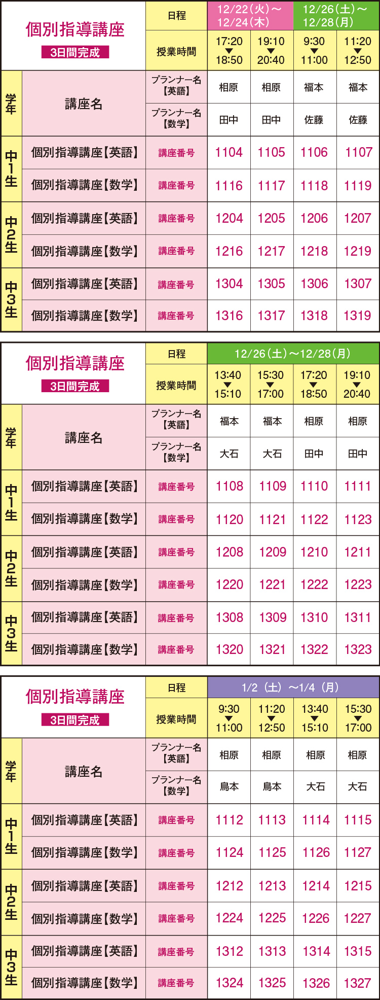 時間割 授業内容 時間割 中学グリーンコース 広島校 冬期講習 大学受験の予備校 塾 河合塾