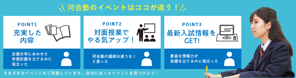 河合塾のイベントはココが違う！ POINT1 充実した内容 志望大学にあわせた学習計画を立てるのに役立った POINT2 対面授業でやる気アップ！ 河合塾の講師は違うな！と思った POINT3 最新入試情報をGET！ 豊富な情報力が目標を立てるのに役立った さまざまなイベントをご用意しています。自分にあったイベントを見つけよう！