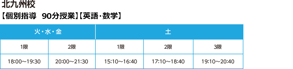 北九州校　個別指導 90分　火・水・金 1限 18：00～19：30 2限 20：00～21：30/土 1限 15：10～16：40 2限 17：10～18：40 3限 19：10～20：40