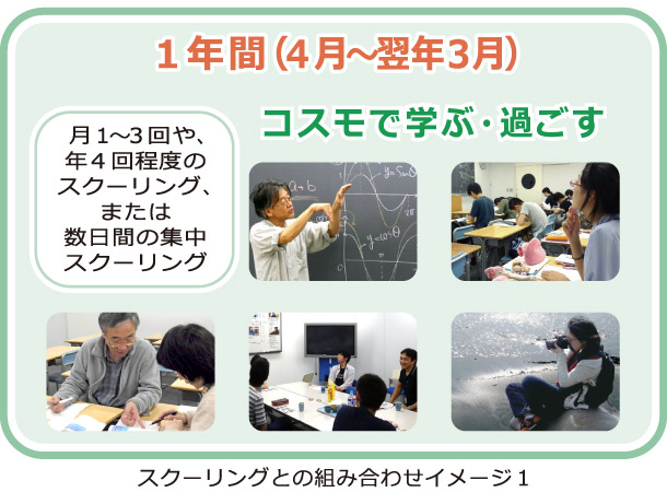 スクーリングとの組み合わせイメージ１：１年間のスケジュールで月１～３回や年４回程度のスクーリング、または数日間の集中スクーリングの他の日程でコスモで学び、過ごす。