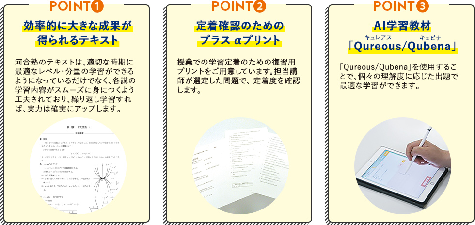 POINT1 効率的に大きな成果が得られるテキスト 河合塾のテキストは、適切な時期に最適なレベル・ 分量の学習ができるようになっているだけでなく、 各講の学習内容がスムーズに身につくよう工夫されており、繰り返し学習すれば、実力は確実にアッ プします。 POINT2 定着確認のためのプラスαプリント  授業での学習定着のための復習用プリントをご用意しています。担当講師が選定した問題で、定着度を確認します。  POINT3  AI学習教材「Qureous／Qubena」キュレアスキュビナ「Qureous／Qubena」を使用することで、個々の理解 度に応じた出題で最適な学習ができます。