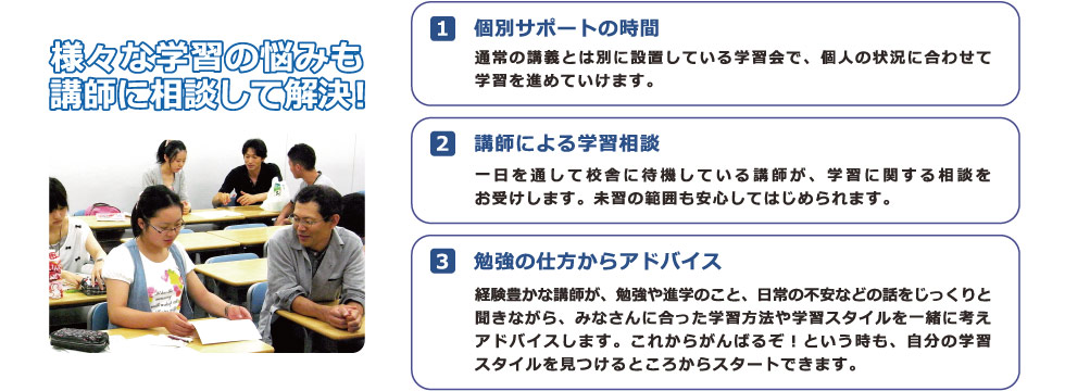 様々な学習の悩みも講師に相談して解決！【１】個別サポートの時間：通常の講義とは別に設置している学習会で、個人の状況に合わせて学習を進めていけます。【２】講師による学習相談：一日を通して校舎に待機している講師が、学習に関する相談をお受けします。未習の範囲も安心してはじめられます。【３】勉強の仕方からアドバイス：経験豊かな講師が、勉強や進学のこと、日常の不安などの話をじっくりと聞きながら、みなさんに合った学習方法や学習スタイルを一緒に考えアドバイスします。これからがんばるぞ！という時も、自分の学習スタイルを見つけるところからスタートできます。