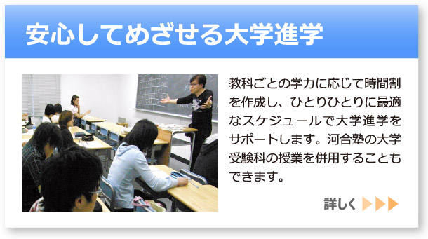 「安心してめざせる大学受験」へのリンクボタン：教科ごとの学力に応じて時間割を作成し、ひとりひとりに最適なスケジュールで大学進学をサポートします。河合塾の大学受験科の授業を併用することもできます。