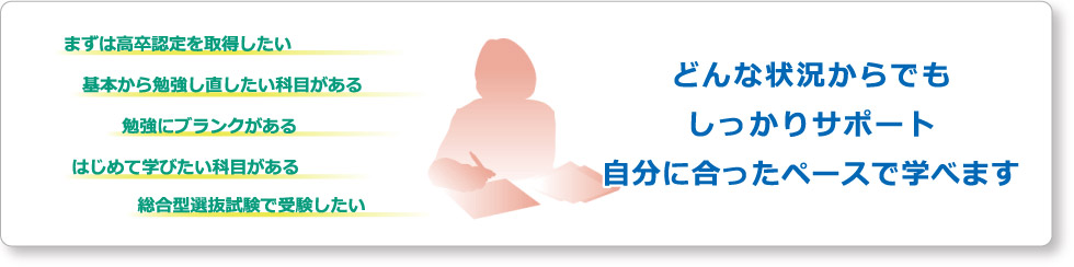 まずは高卒認定を取得したい、基本から勉強し直したい科目がある、勉強にブランクがある、はじめて学びたい科目がある、総合型選抜試験で受験したい、など、どんな状況からでもしっかりサポート。自分に合ったペースで学べます。