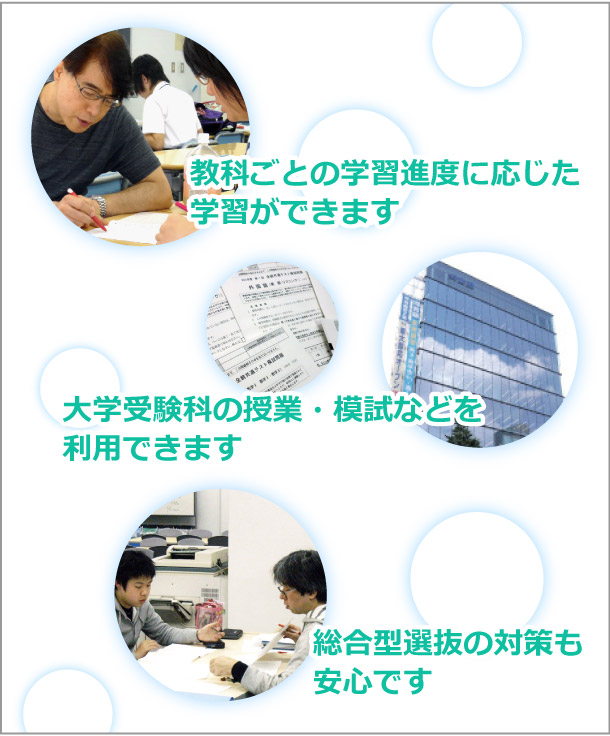 このページの要約：教科ごとの学習進度に応じた学習ができます。大学受験科の授業・模試などを利用できます。総合型選抜の対策も安心です。