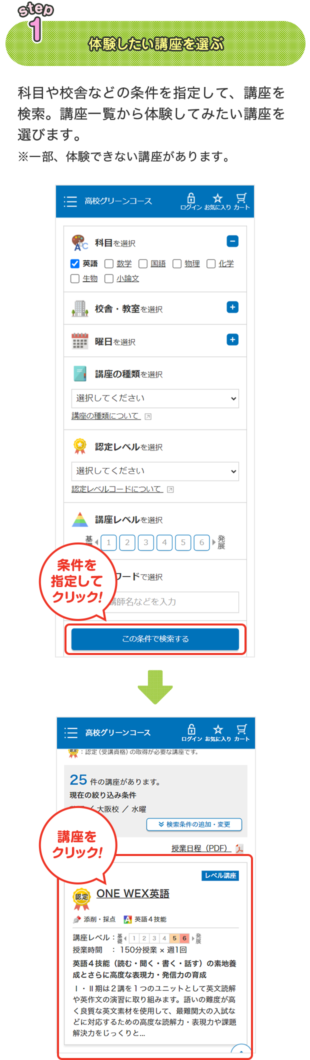 step1 体験したい講座を選ぶ 科目や校舎などの条件を指定して、講座を検索。講座一覧から体験して見たい講座を選びます。※一部、体験できない講座があります。
