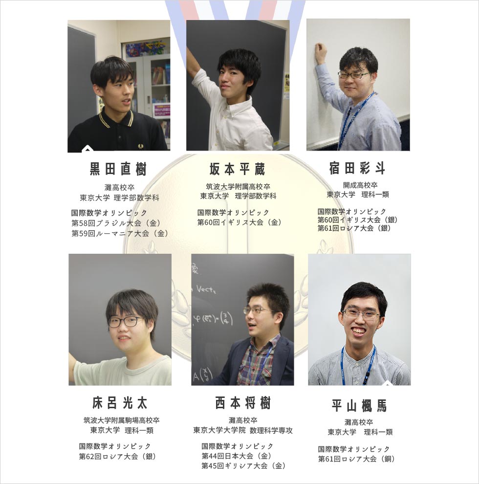 黒田直樹 灘高校卒 東京大学 理学部数学科 国際数学オリンピック 第58回ブラジル大会（金） 第59回ルーマニア大会（金）／坂本平蔵 筑波大学附属高校卒 東京大学 理学部数学科 国際数学オリンピック 第60回イギリス大会（金）／宿田 彩斗 開成高校卒 東京大学 理科一類 国際数学オリンピック 第60回イギリス大会（銀） 第61回ロシア大会（銀）／床呂光太 筑波大学附属駒場高校卒 東京大学 理科一類 国際数学オリンピック 第62回ロシア大会（銀）／西本将樹 灘高校卒 東京大学大学院 数理科学専攻 国際数学オリンピック 第44回日本大会（金） 第45回ギリシア大会（金）／平山楓馬 灘高校卒 東京大学 理科一類 国際数学オリンピック 第61回ロシア大会（銅）