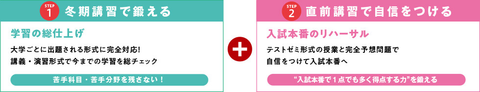 STEP1 冬期講習で鍛える 学習の総仕上げ 大学ごとに出題される形式に完全対応！講義・演習形式で今までの学習を総チェック 苦手科目・苦手分野を残さない！ ＋ STEP2 直前講習で自信をつける 入試本番のリハーサル テストゼミ形式の授業と完全予想問題で自信をつけて入試本番へ “入試本番で1点でも多く得点する力”を鍛える