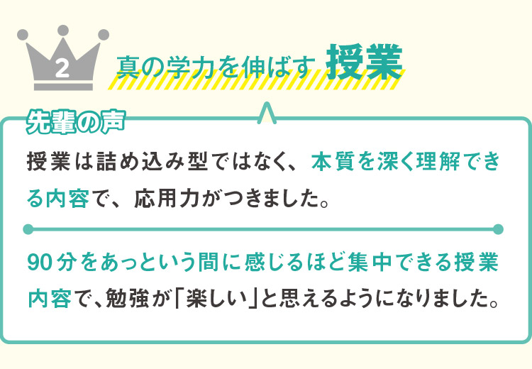 2 真の学力を伸ばす 授業 先輩の声 授業は詰め込み型ではなく、本質を深く理解できる内容で、応用力がつきました。90分をあっという間に感じるほど集中できる授業内容で、勉強が「楽しい」と思えるようになりました。