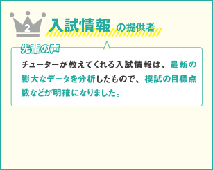2 入試情報の提供者 先輩の声 チューターが教えてくれる入試情報は、最新の 膨大なデータを分析したもので、模試の目標点 数などが明確になりました。