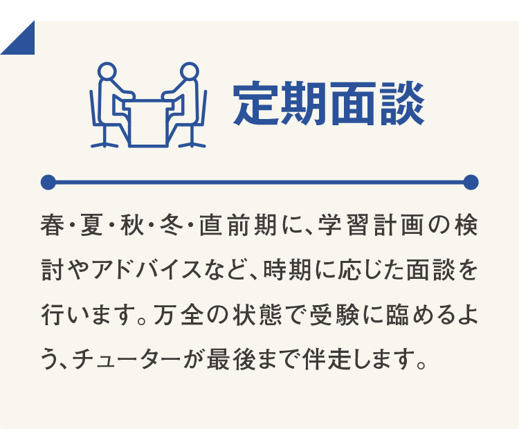 定期面談 春・夏・秋・冬・直前期に、学習計画の検討やアドバイスなど、時期に応じた面談を行います。万全の状態で受験に臨めるよう、チューターが最後まで伴走します。