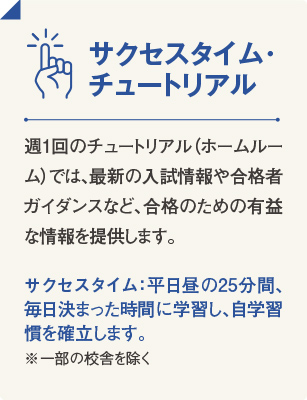 サクセスタイム・チュートリアル 週1回のチュートリアル（ホームルーム）では、最新の入試情報や合格者ガイダンスなど、合格のための有益な情報を提供します。 サクセスタイム：平日昼の25分間、毎日決まった時間に学習し、自学習慣を確立します。 ※一部の校舎を除く