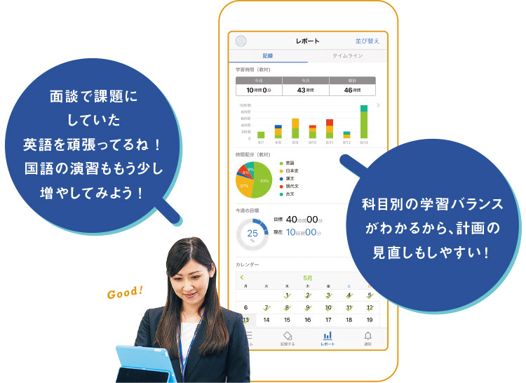 科目別の学習バランスがわかるから、計画の見直しもしやすい！