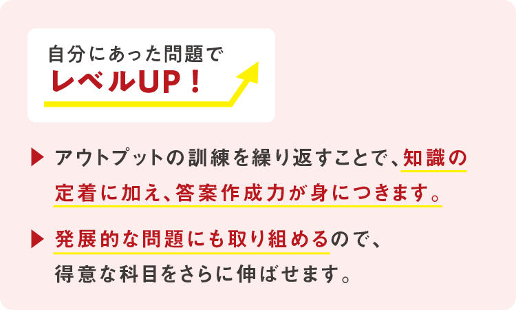 自分に合った問題でレベルUP！ アウトプットの訓練を繰り返すことで、知識の定着に加え、答案作成力が身につきます。 発展的な問題にも取り組めるので、得意な科目をさらに伸ばせます。