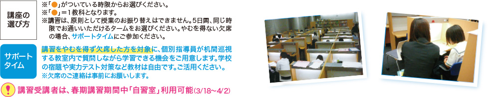 講座の選び方※「●」がついている時限からお選びください。※「●」＝1教科となります。※講習は、原則として授業のお振り替えはできません。5日間、同じ時限でお通いいただけるタームをお選びください。やむを得ない欠席の場合、サポートタイムにご参加ください。 サポートタイム 講習をやむを得ず欠席した方を対象に、個別指導員が机間巡視する教室内で質問しながら学習できる機会をご用意します。学校の宿題や実力テスト対策など教材は自由です。ご活用ください。※欠席のご連絡は事前にお願いします。 ！講習受講者は、春期講習期間中「自習室」利用可能（3／18～4／2））