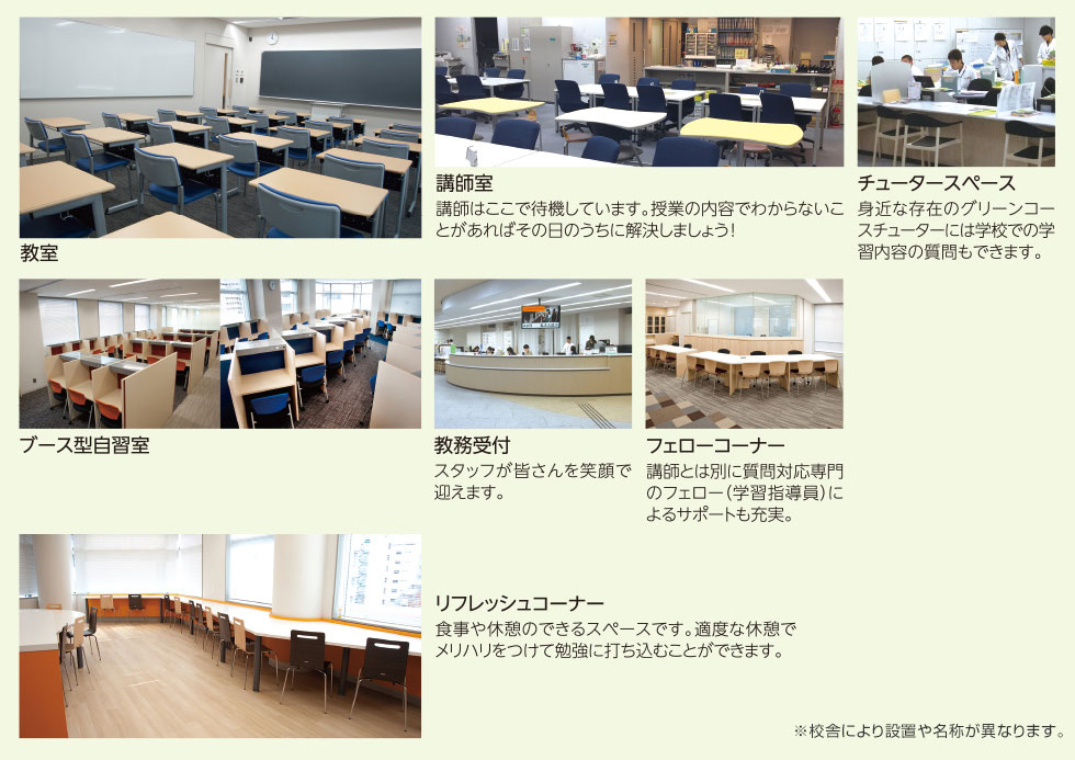教室、講師室、ブース型自習室、リフレッシュコーナー、チュータースペース、教務受付、フェローコーナー ※校舎により設置や名称が異なります。