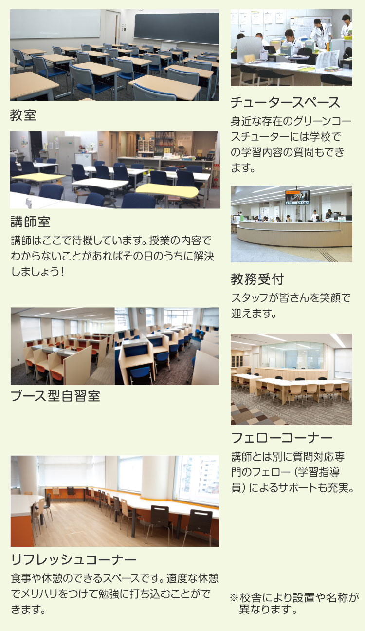 教室、講師室、ブース型自習室、リフレッシュコーナー、チュータースペース、教務受付、フェローコーナー ※校舎により設置や名称が異なります。