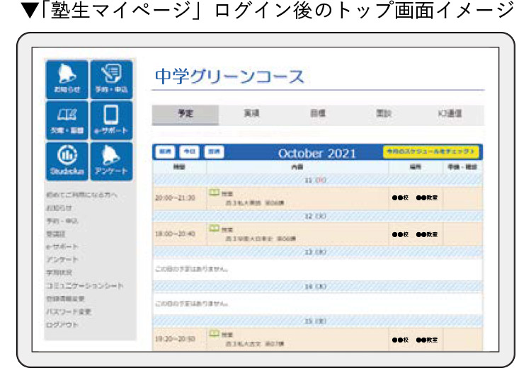 ▼「塾生マイページ」ログイン後のトップ画面イメージ