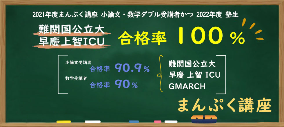 2021年度まんぷく講座 小論文・数学ダブル受講者かつ 2022年度塾生 小論文・数学ダブル受講者 難関国公立大 早慶上智ICU合格率 100％ 小論文受講者 合格率90.9％ 数学受講者 合格率90％ （難関国公立大 早慶 上智 ICU GMARCH） まんぷく講座