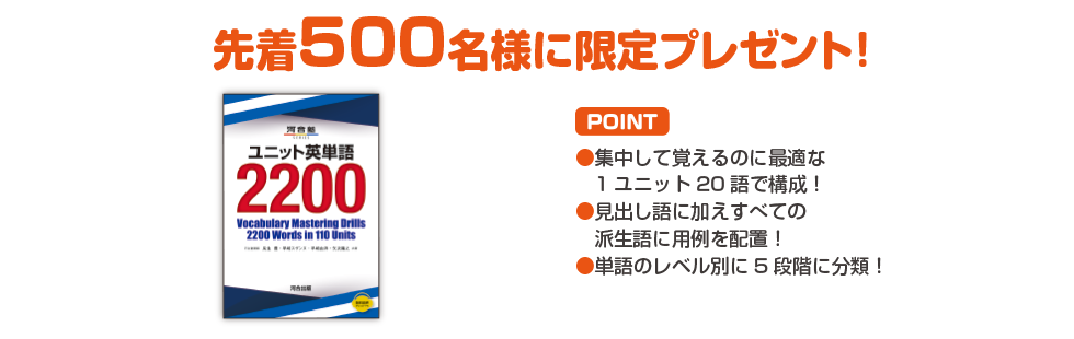 先着500名様に限定プレゼント！ POINT ・集中して覚えるのに最適な1ユニット20語で構成！ ・見出し語に加えすべての派生語に用例を配置！ ・単語のレベル別に5段階に分類！