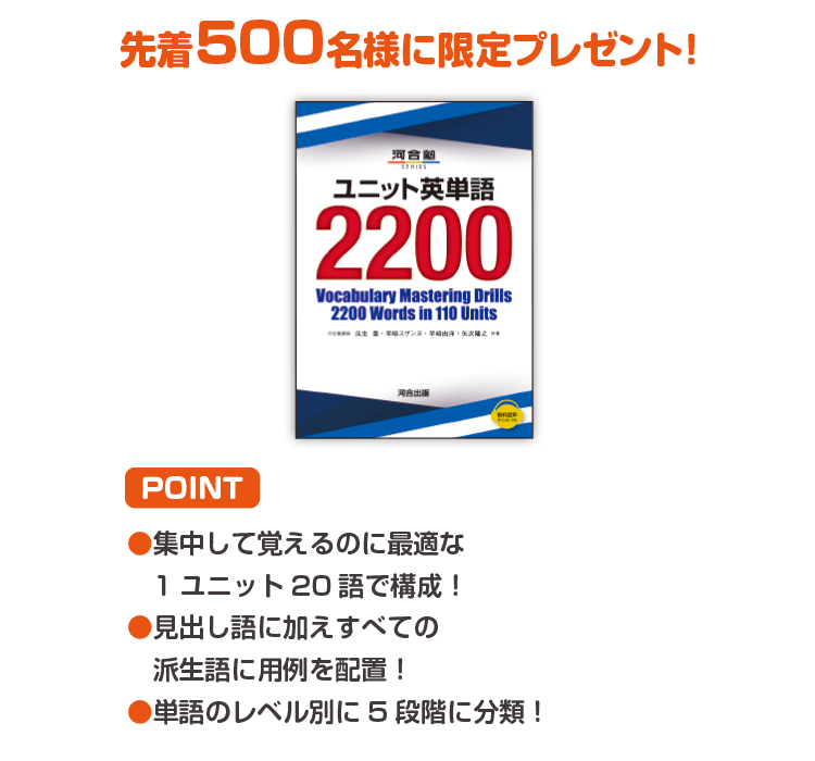 先着500名様に限定プレゼント！ POINT ・集中して覚えるのに最適な1ユニット20語で構成！ ・見出し語に加えすべての派生語に用例を配置！ ・単語のレベル別に5段階に分類！