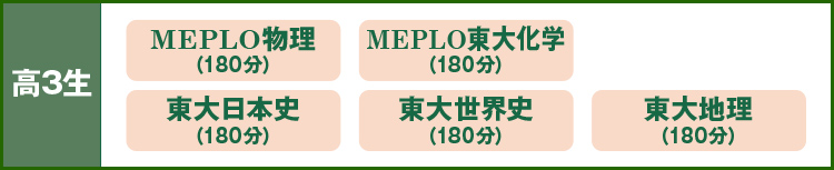 高3生：MEPLO物理（180分）MEPLO東大化学（180分）東大日本史（180分）東大世界史（180分）東大地理（180分）