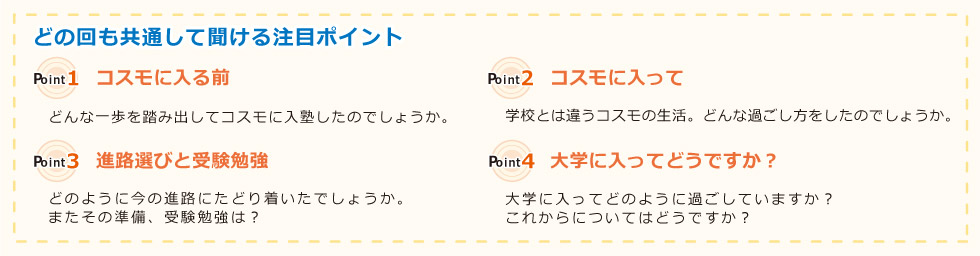 どの回も共通して聞ける注目ポイント　Part1 コスモに入る前はどのようだったか　Part2 コスモに入ってどのようになったか　Part3 進路選びと受験勉強をどのようにできたか　Part4 大学に入ってどうですか？