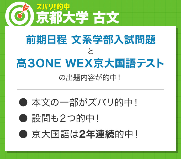 ズバリ!的中 京都大学 古文 前期日程 文系学部入試問題 と 高3ONEWEX京大国語テストの出題内容が的中! 本文の一部がズバリ的中!設問も2つ的中！京大国語は2年連続的中!