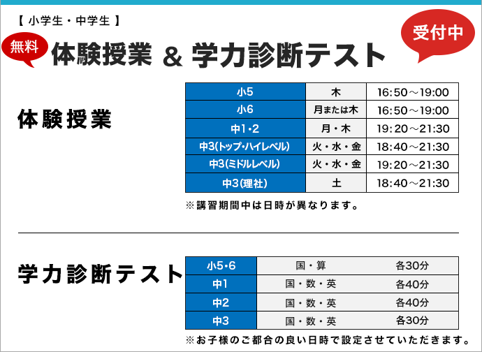[小学生・中学生]体験授業＆学力診断テスト