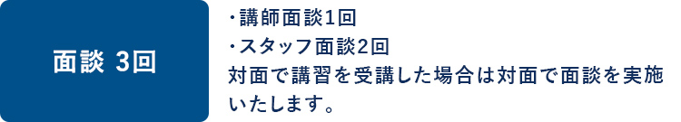 面談 3回 ・講師面談1回 ・スタッフ面談2回 対面で講習を受講した場合は対面で面談を実施いたします
