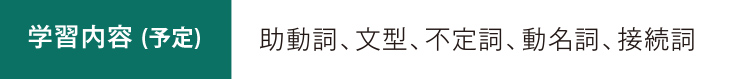 学習内容（予定） 助動詞、文型、不定詞、動名詞、接続詞