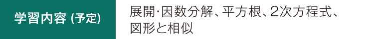 学習内容（予定） 展開・因数分解、平方根、2次方程式、図形と相似