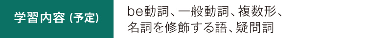 学習内容（予定） be動詞、一般動詞、複数形、名詞を修飾する語、疑問詞