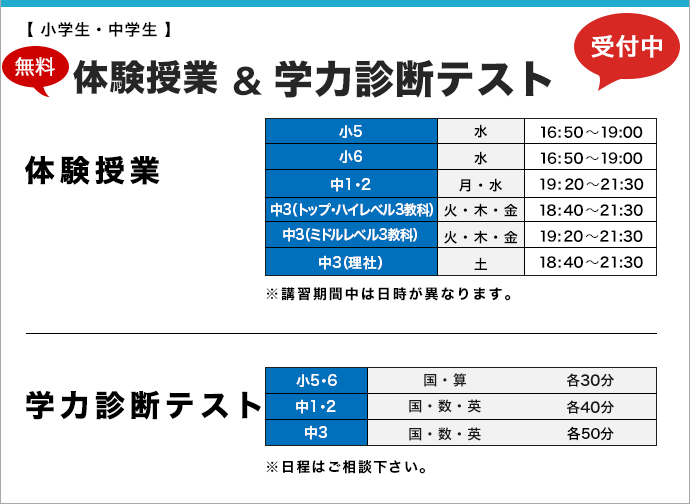 [小学生・中学生]体験授業＆学力診断テスト