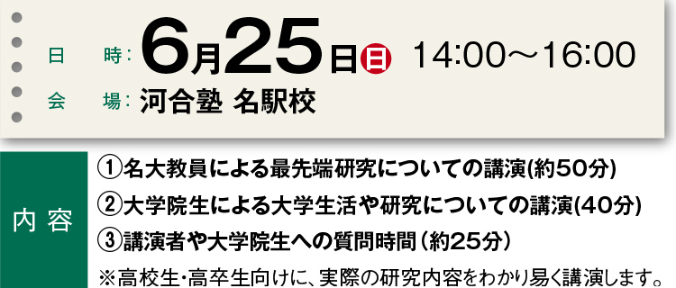 日時：6月25日（日）14：00～16：00 会場：河合塾 名駅校 内容　①名大教員による最先端研究についての講演（約50分）②大学院生による大学生活や研究についての講演（約40分）③講演者や大学院生への質問時間（約25分）※高校生・高卒生向けに、実際の研究内容をわかり易く講演します。