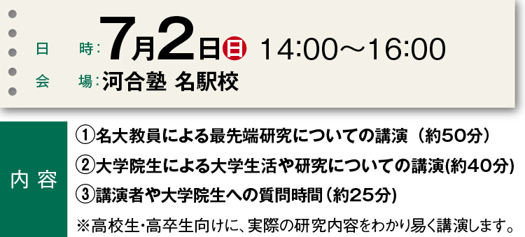 日時：7月2日（日）14：00～16：00 会場：河合塾 名駅校  内容　①名大教員による最先端研究についての講演（約50分）②大学院生による大学生活や研究についての講演（約40分）③講演者や大学院生への質問時間（約25分）※高校生・高卒生向けに、実際の研究内容をわかり易く講演します。