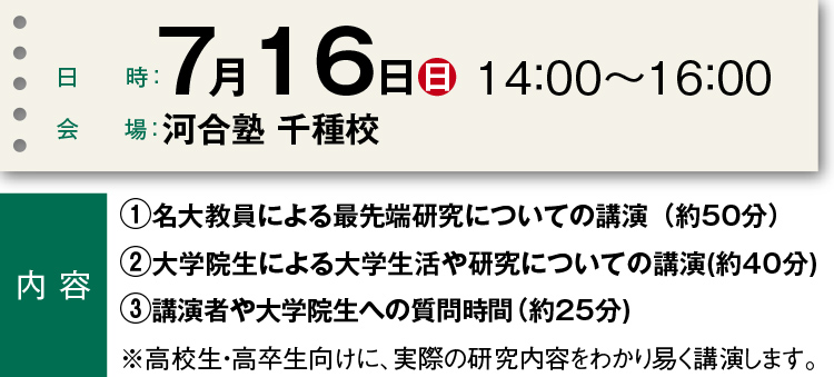 日時：7月16日（日）14：00～16：00 会場：河合塾 名駅校  内容　①名大教員による最先端研究についての講演（約50分） ②大学院生による大学生活や研究についての講演（約40分） ③講演者や大学院生への質問時間（約25分）※高校生・高卒生向けに、実際の研究内容をわかり易く講演します。