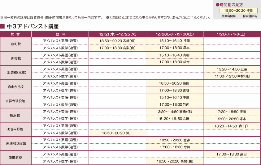 ※同一教科の講座は設置校舎・曜日・時間帯が異なっても同一内容です。※担当講師は変更になる場合がありますので、あらかじめご了承ください。中3アドバンスト講座