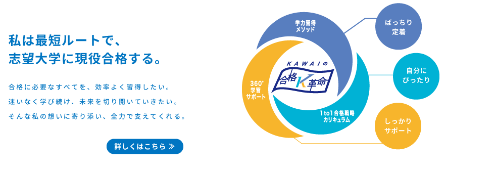 私は最短ルートで、志望大学に現役合格する。合格に必要なすべてを、効率よく習得したい。迷いなく学び続け、未来を切り開いていきたい。そんな私の想いに寄り添い、全力で支えてくれる。【学力習得メソッド】ばっちり定着【1to1合格戦略カリキュラム】自分にぴったり【360°学習サポート】しっかりサポート　詳しくはこちら