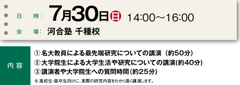 日時：7月30日（日）14：00～16：00 会場：河合塾 千種校  内容　①名大教員による最先端研究についての講演（約50分）②大学院生による大学生活や研究についての講演（約40分）③講演者や大学院生への質問時間（約25分）※高校生・高卒生向けに、実際の研究内容をわかり易く講演します。