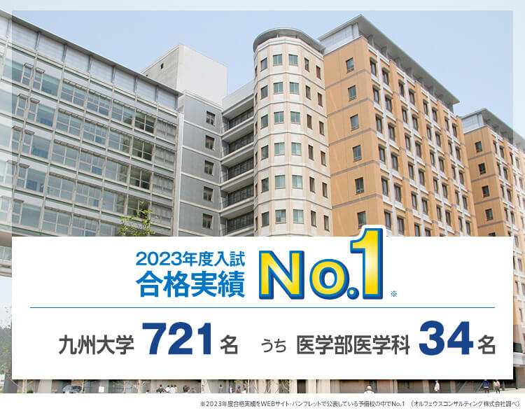 【2023年度入試 合格実績No.1】九州大学721名、うち医学部医学科34名　※2023年度合格実績をWEBサイト・パンフレットで公表している予備校の中でNo.1（オルフェウスコンサルティング株式会社調べ）